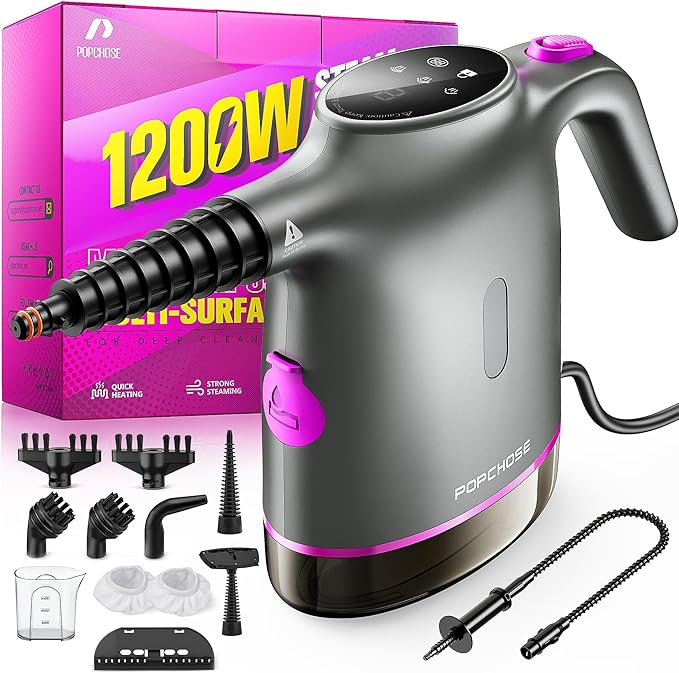POPCHOSE Handheld Steam Cleaner for Home Portable Pressurized Steamer for Cleaning Grout Surfaces Bathroom Couch 20S Fast Heat Up 12 Accessories Steam Adjustable Safety Lock Graypurple