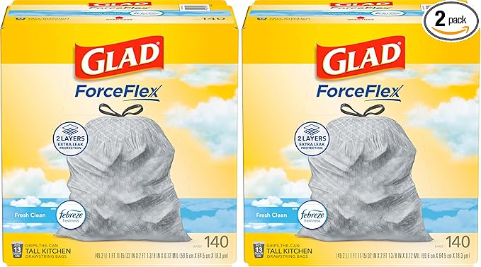 Glad ForceFlex Tall Kitchen Trash Bags 13 Gallon Fresh Clean (Package May Vary)140 Count (Pack of 2)