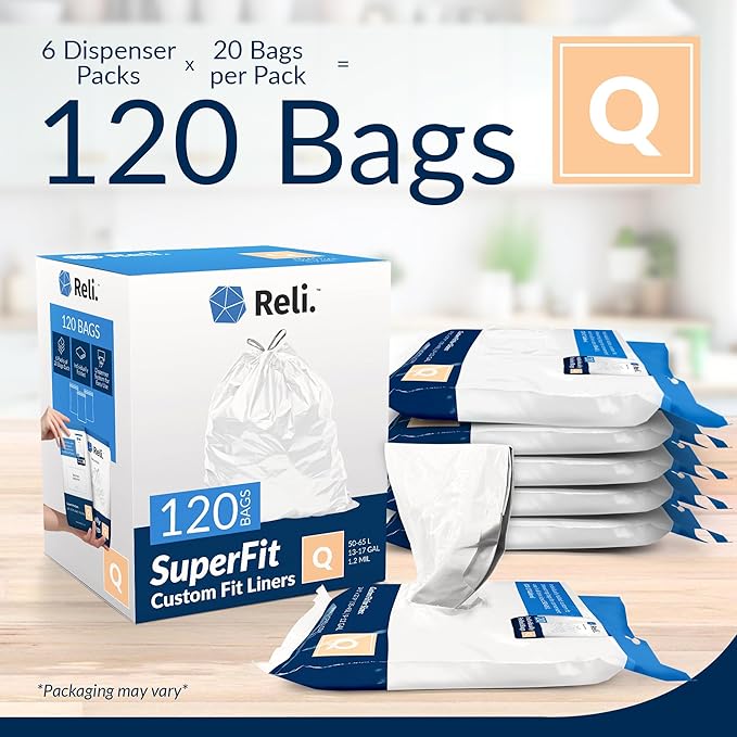 Reli. SuperFit Code Q (120 Count) | Compatible with Simplehuman Code Q | Dispenser Pack Custom Fit Liners | Drawstring Trash Bags | 50-65 Liter / 13-17 Gallon | White