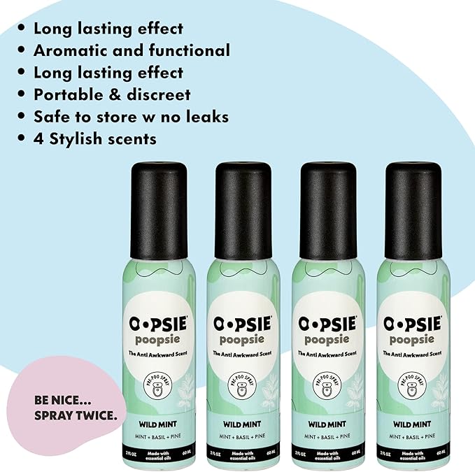 Oopsie Poopsie Pre Poop Spray - 4 Pack Natural Pre Poo Toilet Spray for Bathrooms Trap Odors &amp Eliminate Embarrassment 2oz Travel Size Pre Poo Air Freshener Spray (Wild Mint)