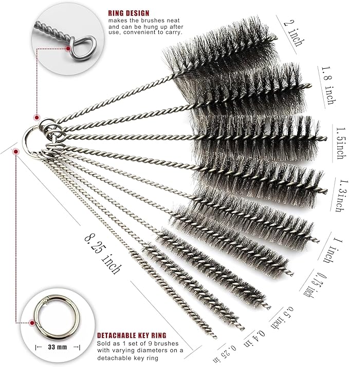 Pipe Cleaning Brush Set Stainless Steel Bristles Stainless Steel Pipe Brush Steel Bottle Brush 9 Piece Variety Pack for Auto Parts Bottles Tubes Etc.