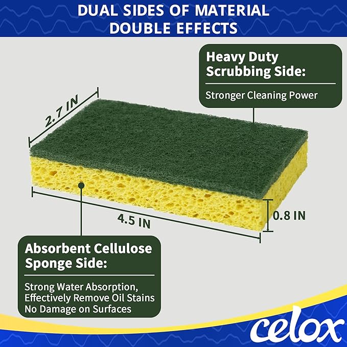 CELOX Grout Brush with Long Handle and 12 Pack Yellow Dish Sponge for Kitchen