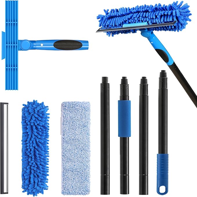 VITEVER Professional 69'' Window Squeegee Cleaner Tool with Extension Pole 2-in-1 Squeegee for Window Cleaning Kit with Scrubber and Rotating Head 1 Blade 2 Scrubber