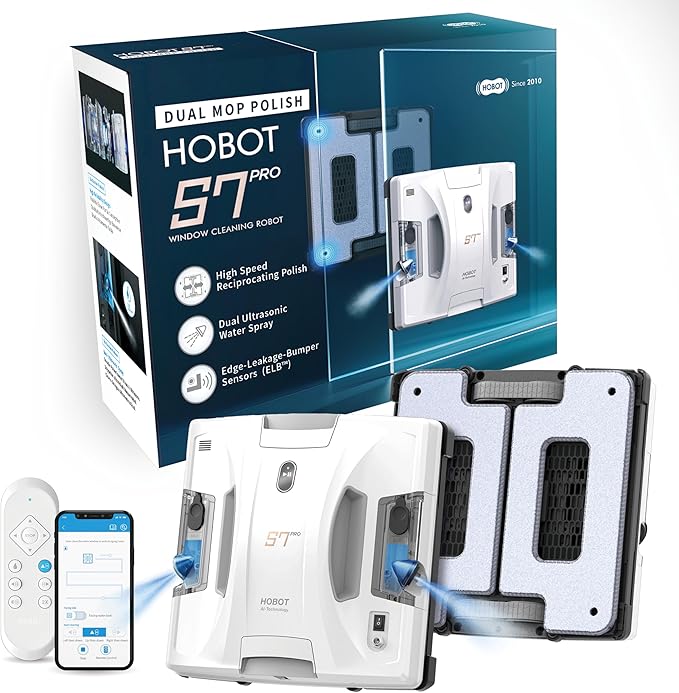 HOBOT S7 Pro Window Cleaning Robot | Dual Mop Polish Hand Wiping Technology 15nm Ultrasonic Spray 4800Pa Suction | Automatic Window Washer Robot for Framed/Frameless Glass Indoor &amp Outdoor Use