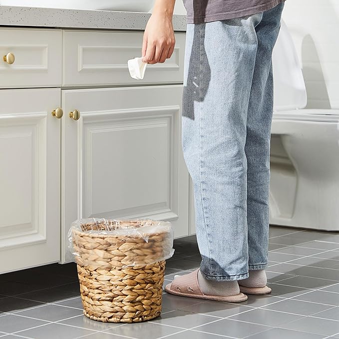Ctosree 2 Pcs Wicker Trash Can Basket Woven Waste Basket with Lid Bathroom Wastebasket Garbage Bin with 100 Pieces of Trash Bags for Bedroom Farmhouse Home Office Kitchen(Medium)