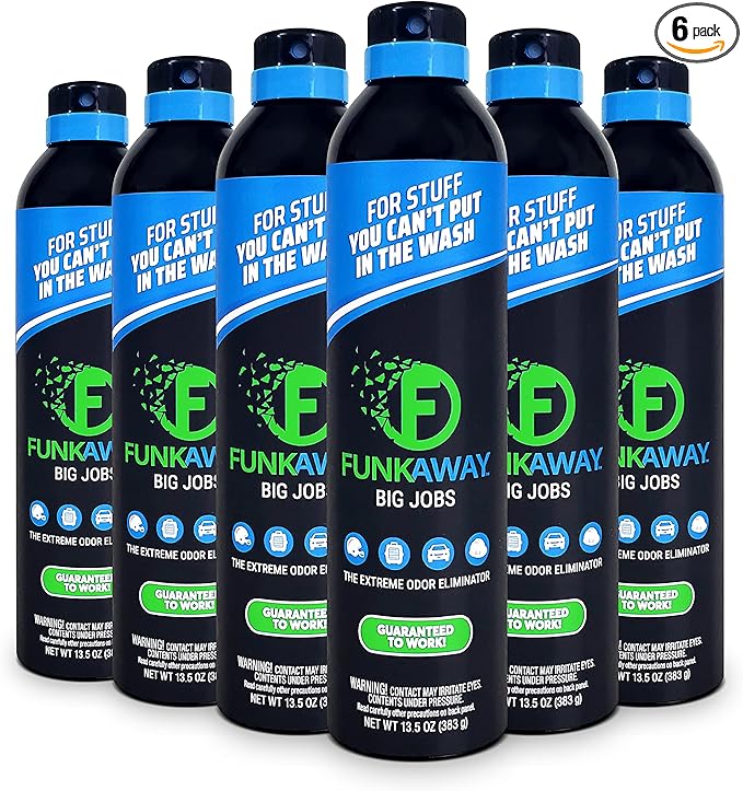 FunkAway Big Jobs Aerosol Spray 13.5 oz. 6 Pack Extreme Odor Eliminator Spray Ideal for Shoe Smells Pet Odors and Large Stuff that Won't Fit in the Wash Attacks Musty Odors at the Source