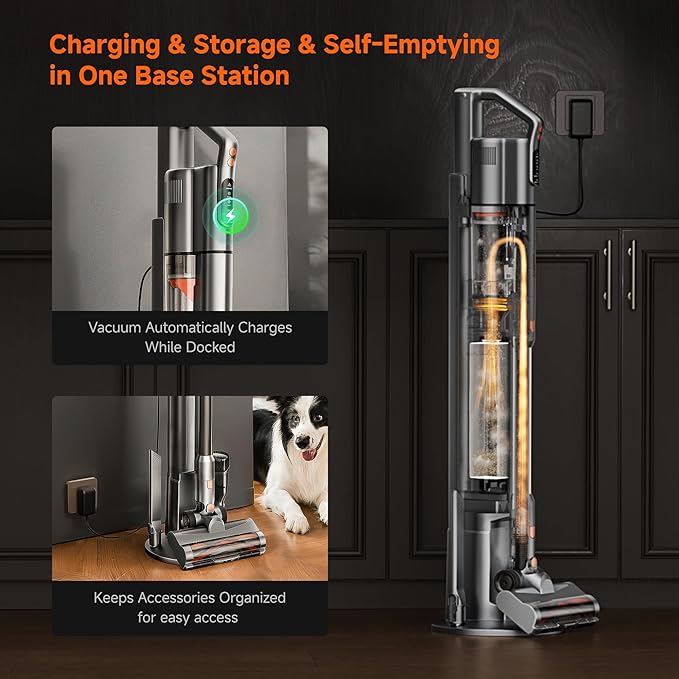 uwant V500 Cordless Vacuum Cleaner with Auto Empty&ampAuto Dust Scrap System 7-Layer HEPA Filtration Anti-Tangle Brush Stick Vacuum for Pet Hair Hard Floors CarpetGrey
