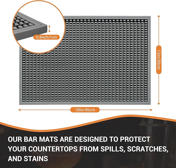 Bar Mat - 18X12(2 Pcs) Rubber Bar Mats for Countertop &amp Dish Drying Non-Slip Bartender Mat with Airflow Design for Home Bar Cocktail Set Kitchen &amp Outdoor Use (Gray)