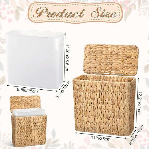 Wicker Waste Basket with Lid Water Hyacinth Handwoven Garbage Can Small Bathroom Trash Can Boho Rattan Wastebasket with Removable Liner for Bedroom Home Living Room Office Kitchen
