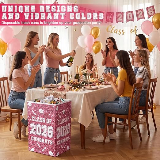 Tinlade 6 Pack 2026 Pink White Graduation Decoration 13 Gallon Disposable Trash Cans Class of 2026 Party Garbage Bins Large Waterproof Foldable Recycle Pop up Bins for Graduation Party School
