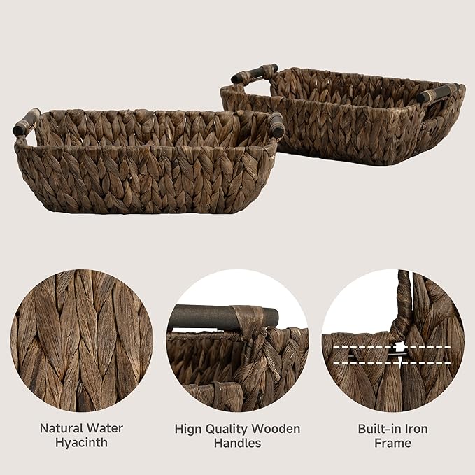 StorageWorks Wicker Baskets for Organizing Woven Basket with Wooden Handles Wicker Storage Baskets for Shelf Brown 2-Pack