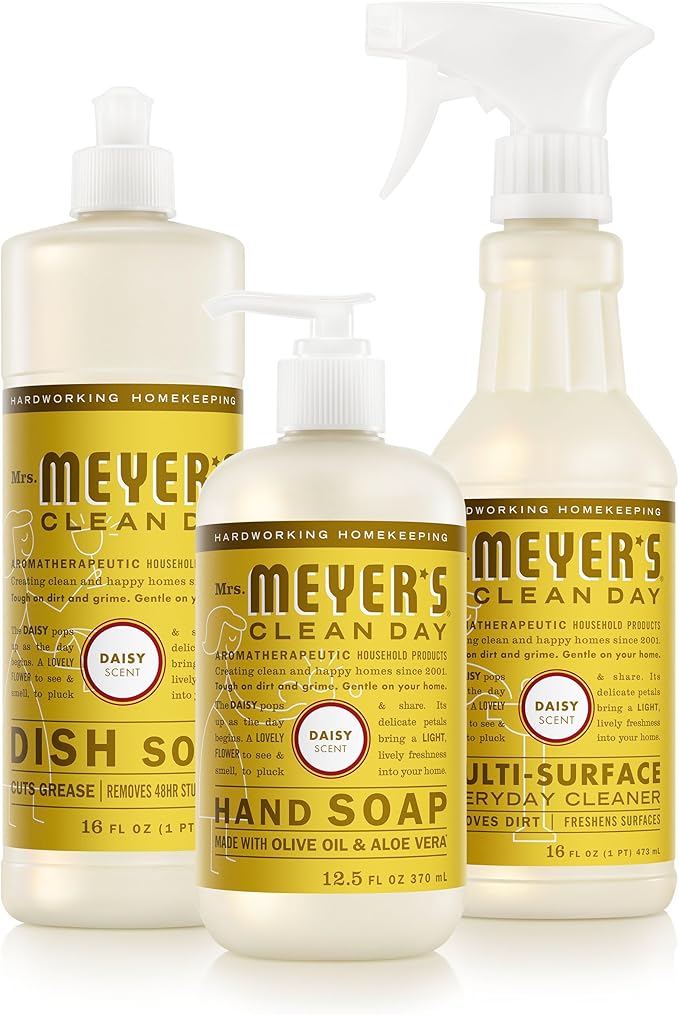 Mrs. MEYER'S CLEAN DAY Kitchen Basics Set Daisy Scent Cleaning Supplies includes Hand Soap (12.5 Fl Oz) Dish Soap (16 Fl Oz) and Multi-Surface Cleaner (16 Fl Oz)