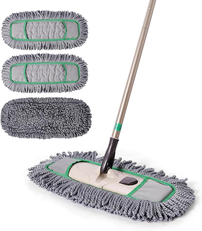 Eyliden Pro Dust Mops for Floor Cleaning - Total 3 Washable Microfiber Pads One-Click Replacement Telescopic Handle Professional Design for Floors &amp Pet Hair (Grey+Green)