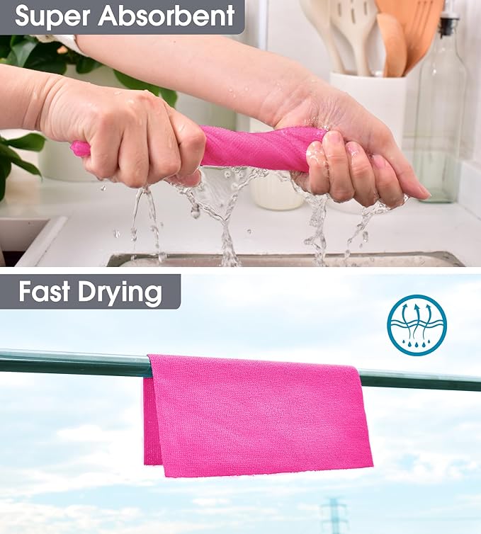 KitchLife Microfiber Cleaning Cloth Roll 100 Pack - Tear-Away Microfiber Paper Towels Lint-Free Reusable Washable for Kitchen Car Dishes and Sensitive Surfaces (Hot Pink)