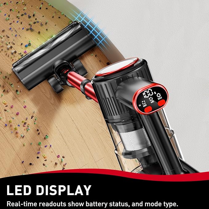 Cordless Vacuum Cleaner 45KPA 8-in-1 Vacuum Cleaners for Home 45Mins Runtime Anti-Tangle Stick Vacuum with LED Display Rechargeable Lightweight Vacuum for Pet Hair/Carpet/Floor (Red)
