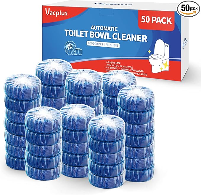 Vacplus Automatic Toilet Bowl Cleaner Tablets Drop-In Tank Cleaner for Bathroom Prevent Stains &amp Deodorize Long-Lasting Cleaning Tabs Easy-Use Freshener for Bowl &amp Tank 50 Pack