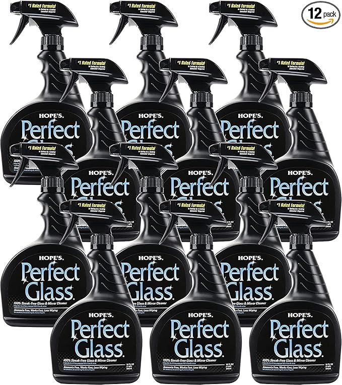 HOPE'S Perfect Glass Cleaner Spray Streak-Free Ammonia-Free Window Mirror Screen Tinted Glass and Shower Door Cleaner Indoor and Outdoor Glass Surfaces 32 Fl Oz Pack of 12
