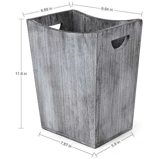 BTY Farmhouse Wooden Trash Can Small Square Wastebasket Garbage Container Bin Holder Rustic Torched Home Kitchen Office Trash Cans with Handle for Living Room Dorm - Gray Green