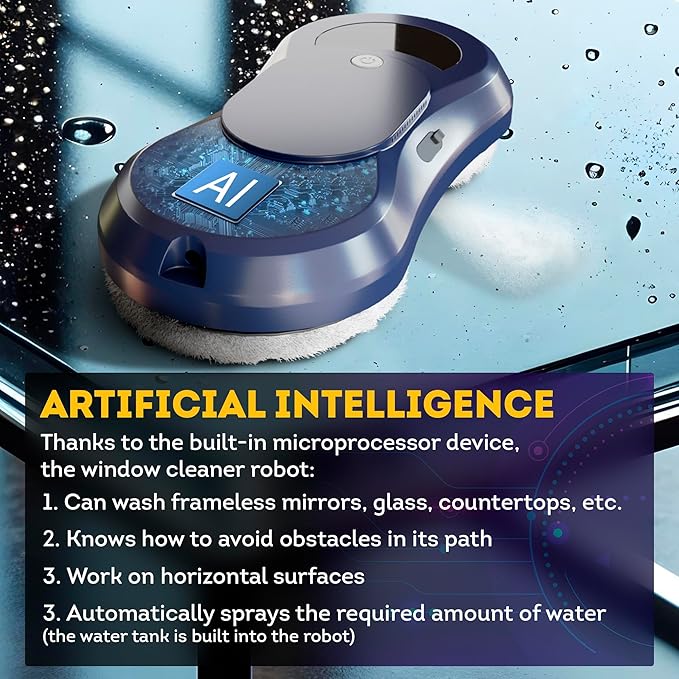 Dark Blue Automatic Window Cleaner Robot W250 11.6 x 5.7 x 2.7 Inch with 30 ml Automatic Water Spray and 10 Cloth Pads. Window Vacuum Cleaner for Windows. Automatic Glass Cleaner Vacuum