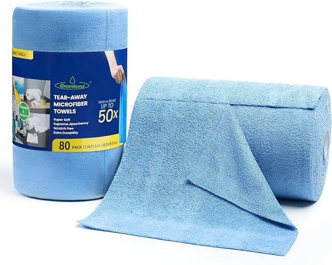Greenfound Microfiber Cleaning Cloth Roll -80 Pack 11.5x11.5 Tear Away Towels Reusable and Washable Rags Blue
