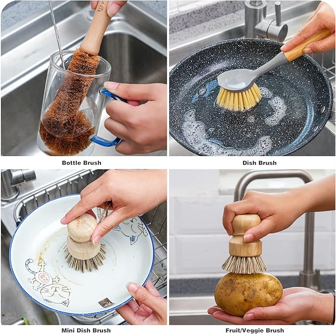 Natural Bamboo Dish Brush Bottle Scrub Brush 4-Piece Set with Ceramic Soap Dispenser - Wooden Washing Up Brushes with Sturdy Handles for Cleaning Dishes Pots Pans Gift Kit