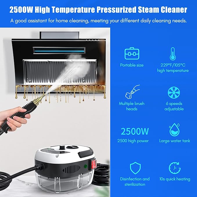 Handheld Steam Cleaner – 2500W High-Pressure Steamer with 6 Adjustable Modes Large Water Tank Multiple Brush Heads Portable Design for Home Kitchen Car Bathroom Cleaning(Red)