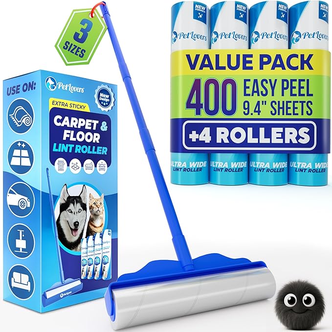 PetLovers Large Lint Roller with 3 Refills – 400 Total Sheets for Tackling Pet Hair Extra Large Floor and Carpet Roller for Homes with Pets Perfect for Floors Furniture and Loving Pet Owners