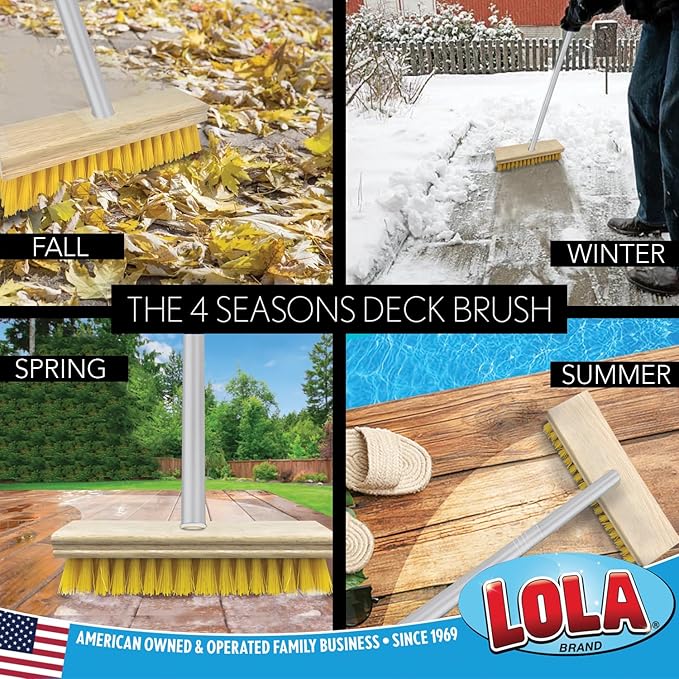 LOLA Deck Scrub Brush with Stiff Bristles Heavy Duty Outdoor Scrub Broom for Patios Decks Concrete &amp Tile Removes Dirt Grime Leaves &amp Snow Wet or Dry Use 1 Count
