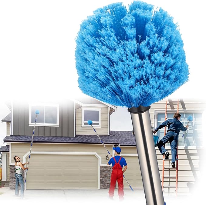 Extended Reach Cobweb Duster with 8-Foot Pole - Medium Bristle Brush for Ceiling Wall and Indoor/Outdoor Cleaning Lightweight Stainless Steel (10FT)