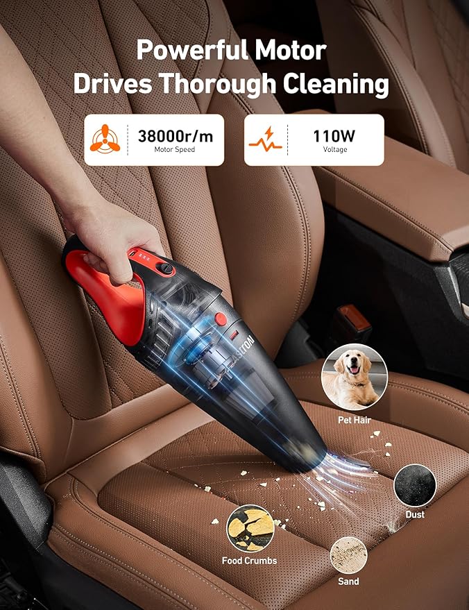 AstroAI Handheld Car Vacuum Cordless with Accessories Portable Vacuum Cleaner with 12V DC Power LED Light Brush Extended Suction Pipe Hose Mini Handheld for Car Home Office and Pet Hair Red