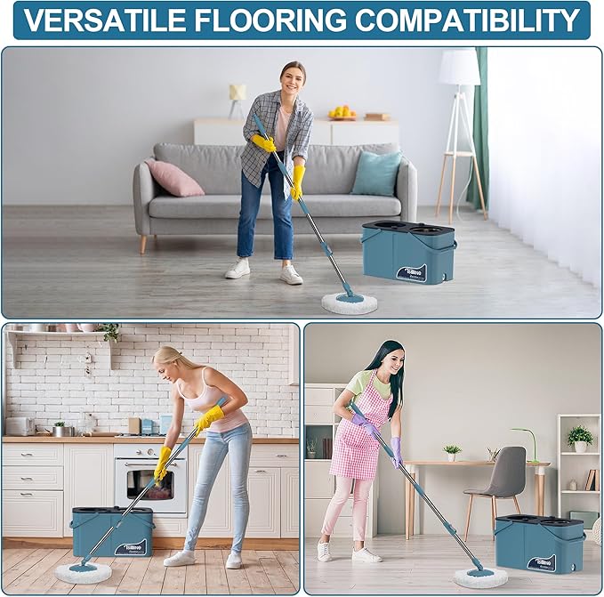 Spin Mop for Large Homes &amp Big Floor Cleaning Clean &amp Dirty Water Separation Mop Bucket for Family &amp Pet Homes4-Chamber System Glide Wheels Safe for Hardwood &amp Tile Adjustable Han
