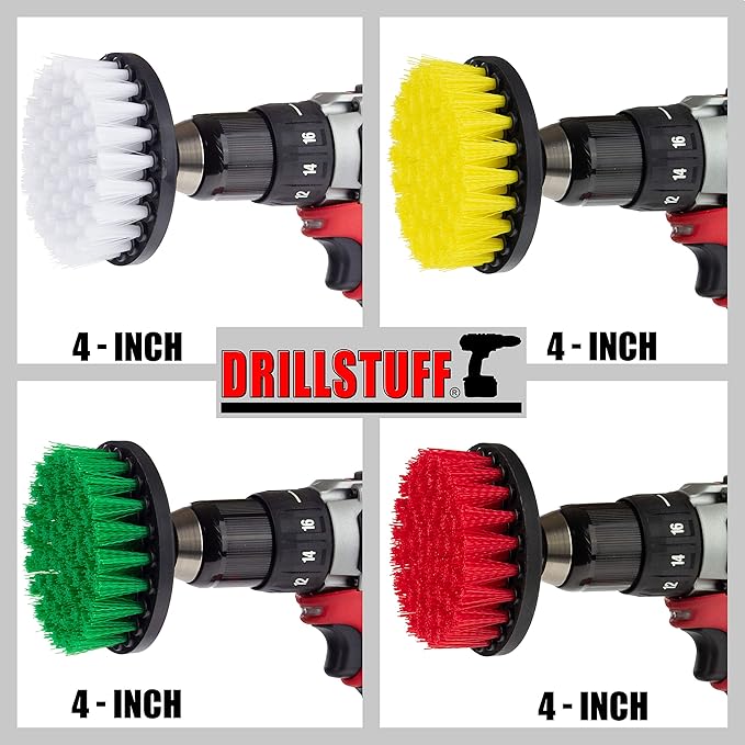 Drill Brush Attachment Power Scrubber Brush Set - 4in 4 Piece Soft Medium and Stiff Power Scrubbing Brushes Drill Attachment – Spin Brushes for Cleaning Showers Tubs Bathroom Tile Grout Carpet