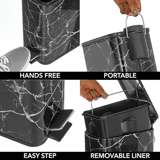 mDesign Slim Metal Rectangle 1.3 Gallon/5 Liter Trash Can with Step Pedal Easy-Close Lid Removable Liner - Narrow Wastebasket Garbage Container Bin for Bathroom Bedroom Kitchen - Black Marble