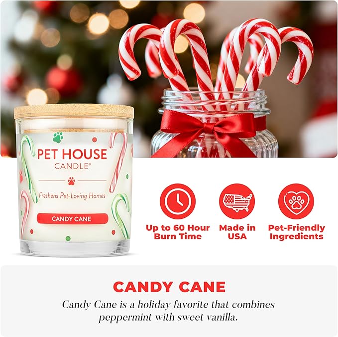 One Fur All Pet Candle 9 OZ Plant-Based Air Freshening Candle Clean Burning and Long Lasting with a 60 Hour Burn Time - Candy Cane
