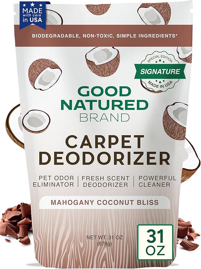 Good Natured Brand | Carpet Deodorizer &amp Freshener Powder | 31 oz Pet Odor Eliminator for Strong Odor &amp Pet Urine | Fresh Natural Mahogany Coconut Bliss Scent | Safe for Homes with Pets