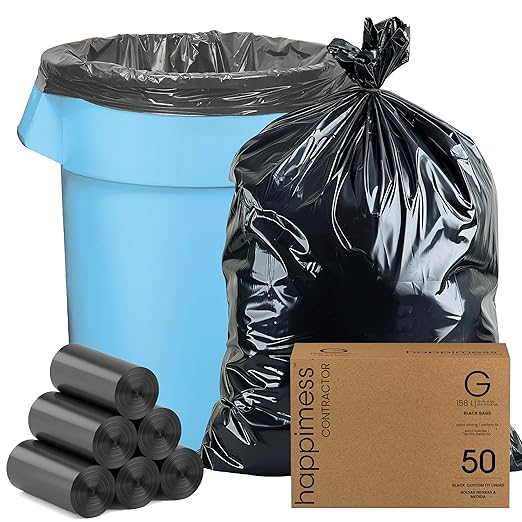 happimess HPM3000G-BLACK 50 Count 42-Gallon 3 Mil 32 in. W x 47 in. H Heavy Duty Contractor Trash Bags for Business Home Kitchen Commercial and Industrial (5-Rolls of 10 Bags)
