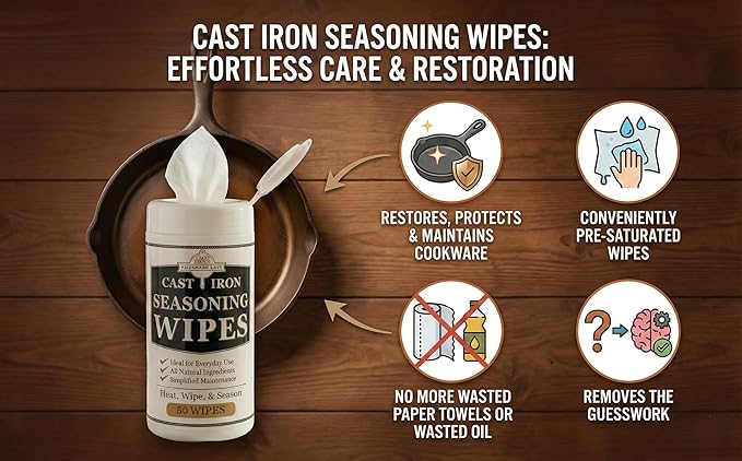 Cookware Care Cast Iron Seasoning Oil Wipes 100 Wipes Made in USA with Grapeseed Oil for Cast Iron Skillet Blackstone Griddle (2 pack)
