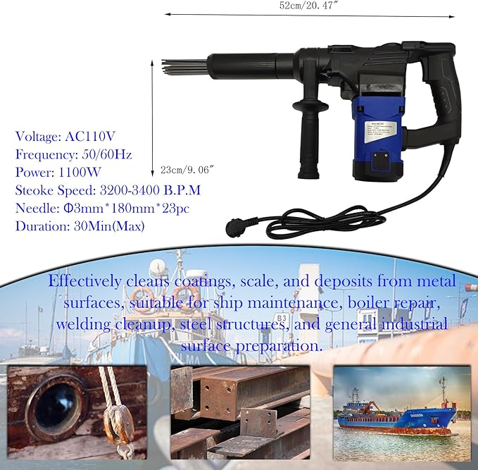 Electric Needle Scaler Gun 110V/1100W Industrial Rust Remover with 3200-3400 BPM Includes 100 Needles &amp 30 Min Max Runtime Portable Descaler for Metal Weld Slag &amp Ship Maintenance