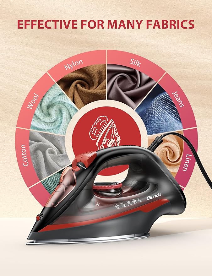 Steam Iron for Clothes 3-Way Auto Shutoff Ceramic-Coated Soleplate with Burst Steam Anti-Drip and Anti-Calc Self-Cleaning 1500W Powerful for Home Use