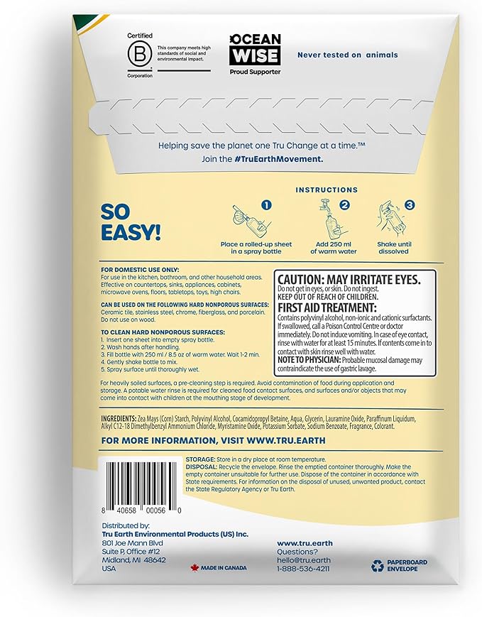 Tru Earth Multi-Surface Cleaner Eco-Strips | All Purpose Cleaner Concentrate for Multi-Use Fresh Lemon Scent 16 Strips
