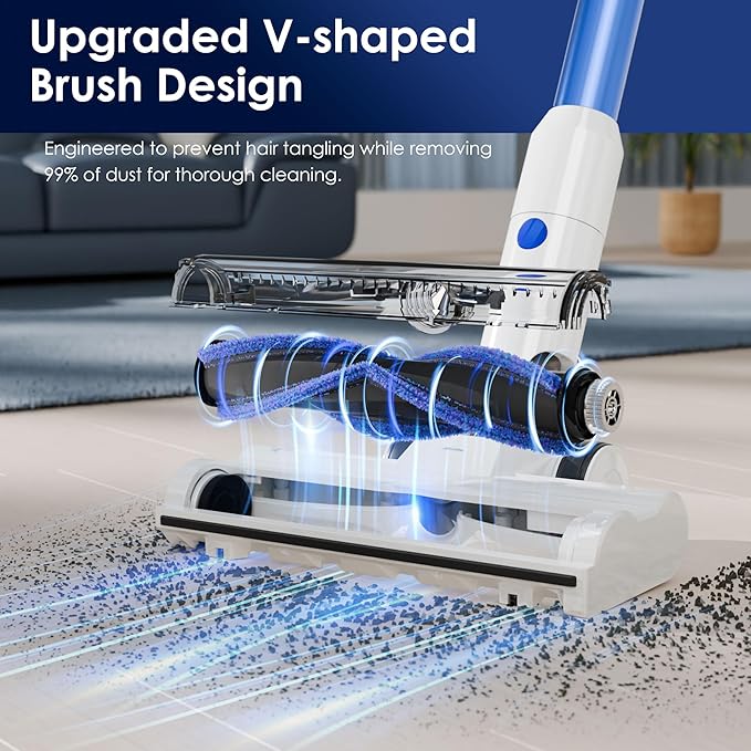 Cordless Vacuum Cleaner with Self-Standing 45KPA Stick Vacuum 88000RPM Brushless Motor &amp LED Display Anti-Tangle Lightweight Vacuum Cleaners for Home Pet Hair Hardwood Floors Azure