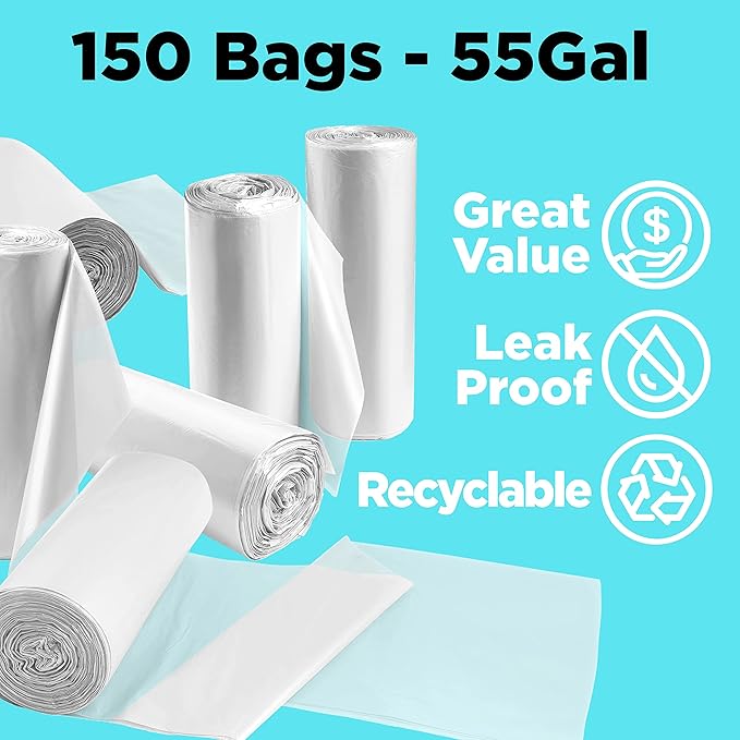 ToughBag 55 Gallon Clear Trash Bags (150 COUNT) – Large Clear Trash Bags 55-60 Gallon Heavy Duty Can Liners - Made in USA