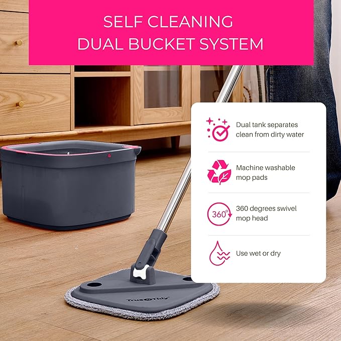 Heavy Duty Square Spin Mop for Floor Cleaning Separate Compartment for Clean and Dirty Water Use Any Cleaning Solution Self Cleaning Machine Washable Pads