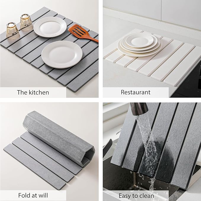 Large Stone Drying Mat for Kitchen Counter 24''L x 16''W Diatomaceous Earth Collapsible Dish Drying Mat Quick Drying Mat Glasses and Flatware Matches Any Countertop (Dark Gray 24'' x 16'')
