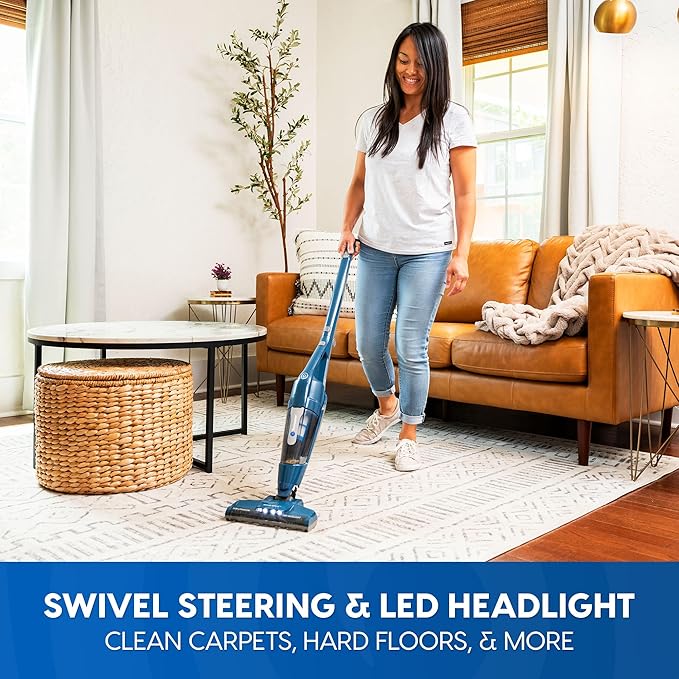 Vacmaster Portable 10.8V 2-in-1 Cordless Stick Lightweight Vacuum Cleaner with 2-Speed Power Control and LED Headlight for Hardwood Floor Carpet &amp Pet Hair Blue