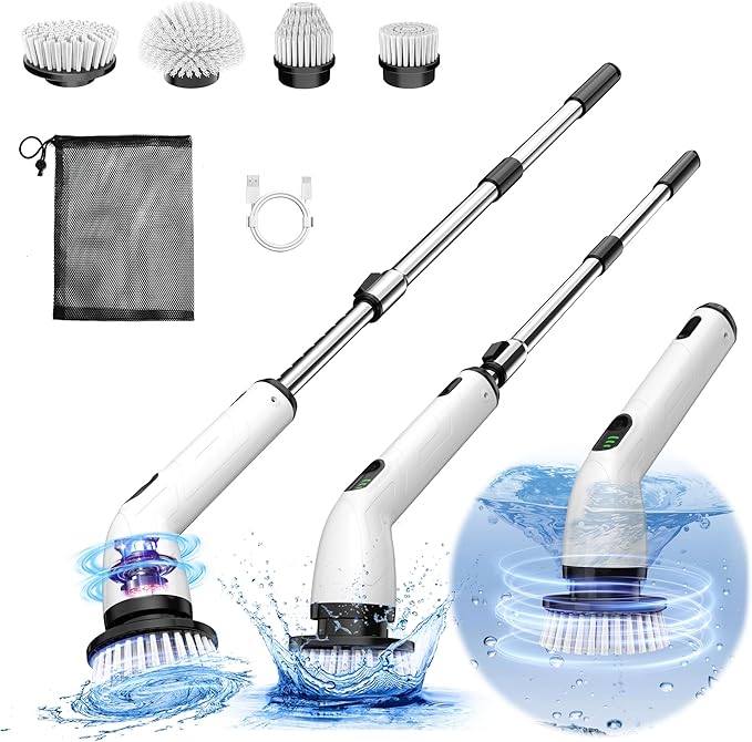 TUYU Electric Spin Scrubber Full-Body IPX7 Waterproof Bathroom Scrubber4 Replacement Head for Adjustable Extension Handle Electric Cleaning Brush for Bathroom Tub Tile