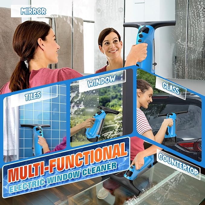 3 in 1 Rechargeable Window Vacuum Squeegee Cordless with 10 inch Blade Window Cleaner for Efficiently Spraying Wiping and Vacuuming Windows Mirrors Shower Glass Tiles and Countertops Blue