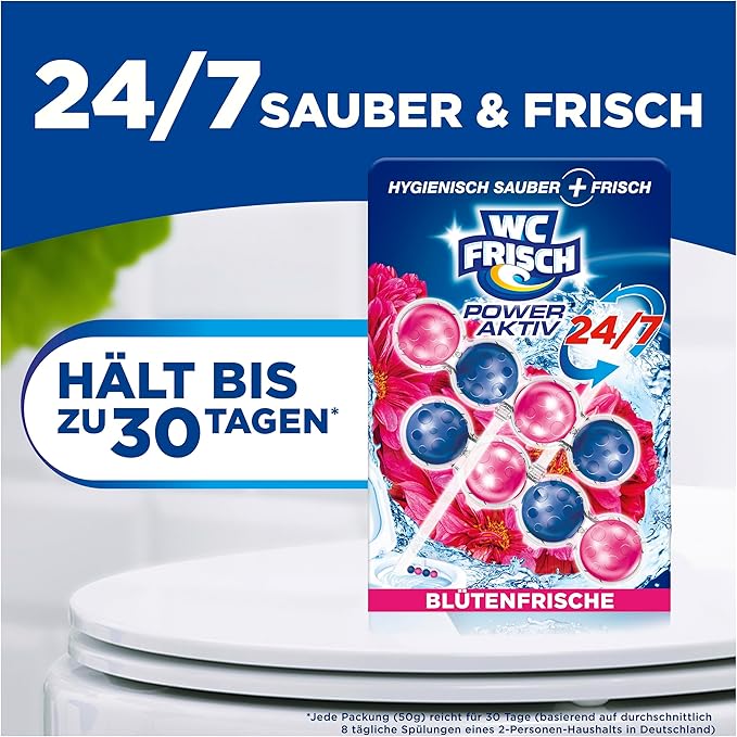 WC-Frisch Kraft Aktiv Fragrance Rinser Flower Freshness (2 x 50 g) Toilet Cleaner for Cleaning with Every Flush Fragrance Stones for Long-Lasting Fresh Fragrance + 50% Anti-limescale Effect