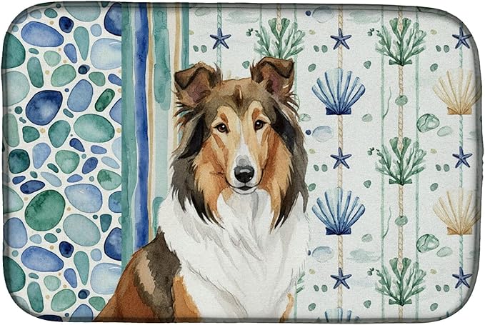 Caroline's Treasures Sable Collie Coastal Sea Glass Dish Drying Mat Absorbent Dish Drying Mat Pad for Kitchen Counter Dish Drainer Mat for Countertop 14 x 21 Multicolor