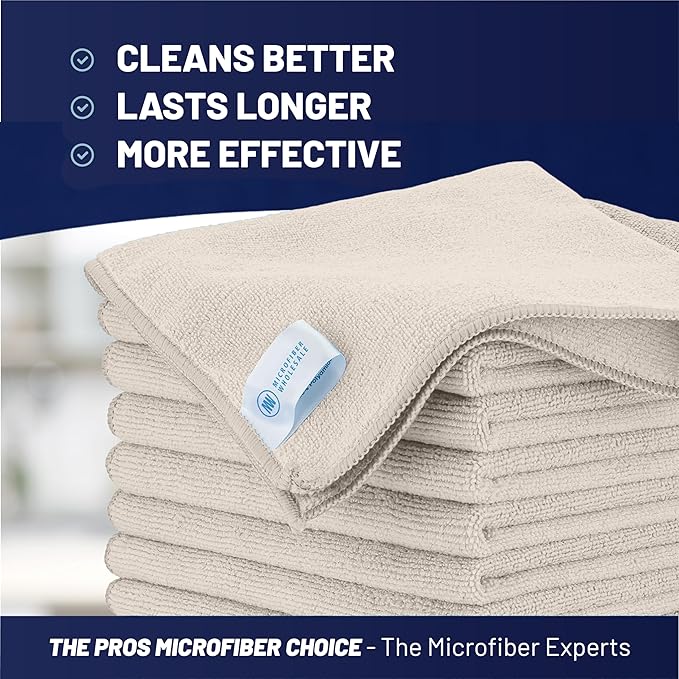 MW Pro Microfiber Cleaning Cloth | Sand | 12 Pack | 16” x 16” | All Purpose Microfiber Towels - Clean Dust Polish Scrub Absorbent